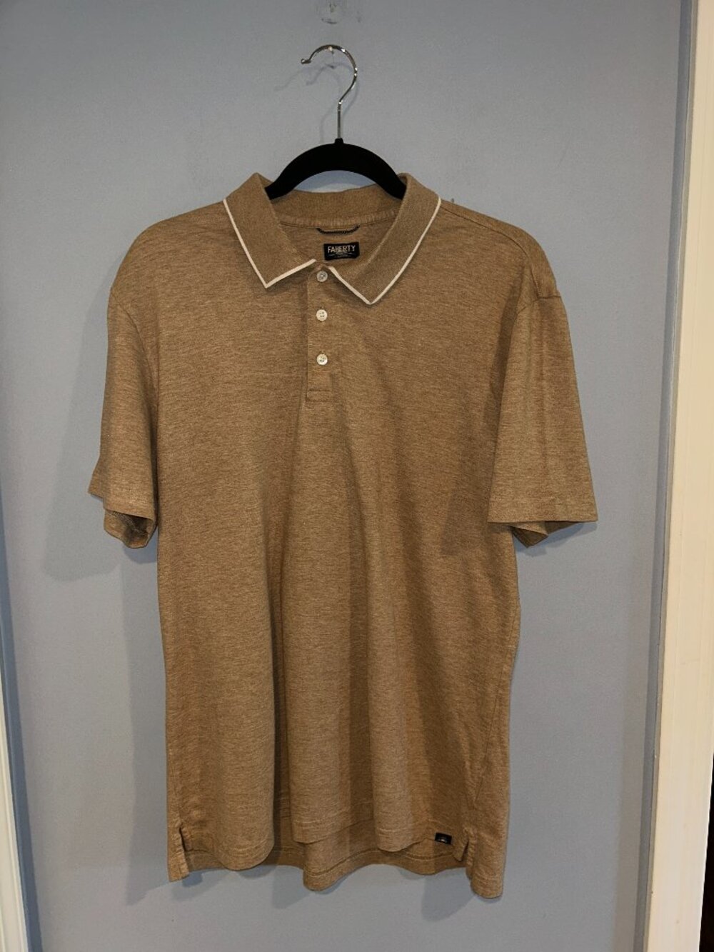 Faherty Polo Men's Large Reserve Movement, Pima Cotton Blend, Tan, short sleeve